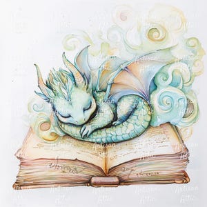 Akvarelltryck av babydrake, sovande i bok (digital nedladdning, 11 bilder) bild 2