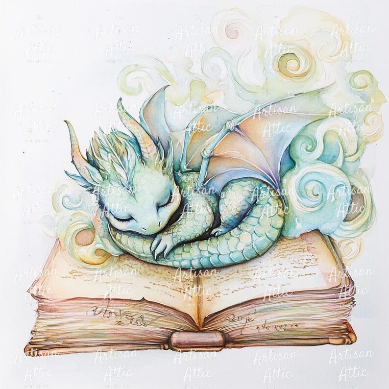 Akvarelltryck av babydrake, sovande i bok (digital nedladdning, 11 bilder) bild 2
