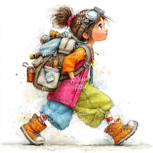 May include: Watercolor illustration of a young person with a backpack, goggles, and orange boots. The person is wearing an orange shirt, pink vest, blue shorts, and green pants. The backpack is brown and filled with supplies. The image has a whimsical, adventurous theme.