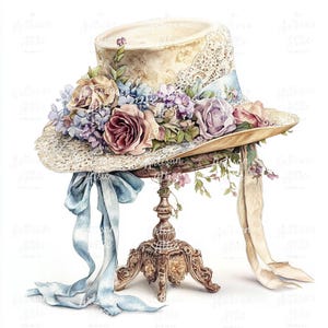 13 Vintage Floral Lace Hat Clipart – Hand-Painted Watercolor Straw Bonnet with Roses & Ribbons for Digital Crafting