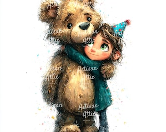Girl and Teddy Bear Watercolor Clipart: Birthday Scrapbook PNG (Digital Download