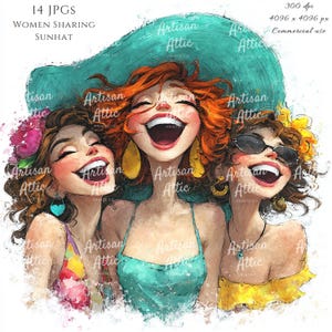 May include: A digital watercolor illustration featuring three laughing individuals sharing a large teal sunhat. The central figure has vibrant red hair, while the others have brown hair, wearing colorful summer clothing, earrings, and sunglasses.