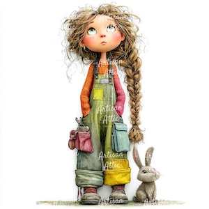 May include: A whimsical illustration of a young girl with long, braided brown hair, wearing green overalls and an orange sweater. She has a pink bag and a blue bag. A small, gray rabbit sits beside her. The text "Artisan Attic" is visible.