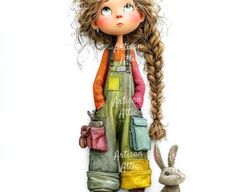 18 JPG-Bilder von schrulligem Mädchen mit langem Zopf und Haustierhase, niedliche wunderliche Kunst, digitale Clipart-Bilder Aquarell spielerisches Design