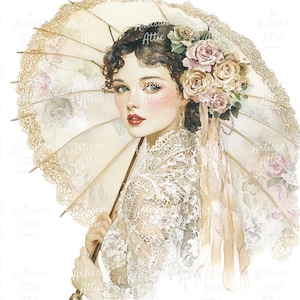 Op de afbeelding: Waterverfillustratie van een vrouw met donker krullend haar, gekleed in een witte kanten jurk en met een crèmekleurige parasol. De parasol heeft een bloemenmotief en kanten rand. Een boeket rozen siert haar haar. Vintage esthetiek.