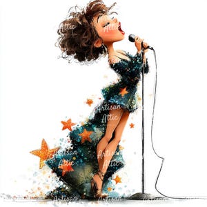 Puede incluir: Ilustración de una mujer cantando en un micrófono. Lleva un vestido azul oscuro adornado con estrellas naranjas. La imagen tiene un efecto de acuarela, con las palabras "Artisan Attic Paints Co."