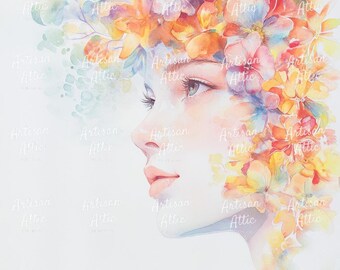 幻想的な水彩画の女性の肖像画 - ピンクと紫の花のクリップアート