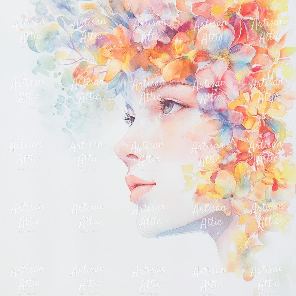 幻想的な水彩画の女性の肖像画 - ピンクと紫の花のクリップアート