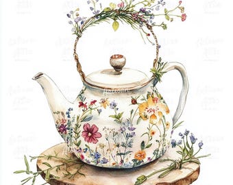 Watercolor Floral Teapot Clipart, Scrapbook Image (Digital Download, 15 Images)