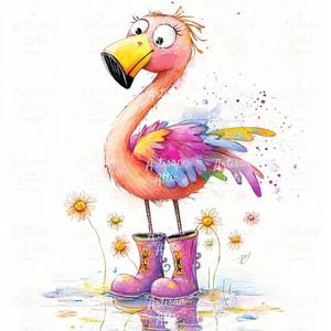 May include: A watercolour illustration of a flamingo in pink wellington boots. The flamingo has a large yellow beak, big eyes, and colourful feathers. Daisies and water droplets surround the flamingo, creating a playful scene.