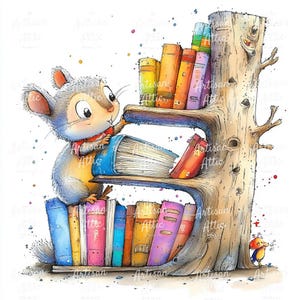 May include: A whimsical illustration of a mouse with a red scarf, examining a large blue book on a wooden bookshelf. The bookshelf is shaped like a tree trunk and filled with colorful books. A small bird is perched nearby.