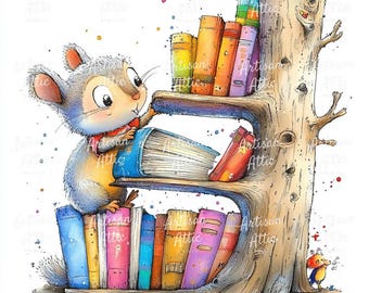 Librarian Squirrel Watercolor Clipart: Woodland Reading Digital Art (JPG, PDF Download)