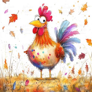 17 Rooster in autumn leaves watercolor clipart, colorful farm bird digital art for fall scrapbooking, rustic crafts, cards, and decor