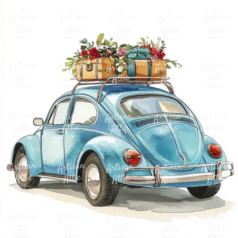 15 Watercolor Vintage Blue Car Clipart With Floral Luggage Rooftop ...