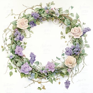 May include: A watercolor wreath featuring a circular arrangement of roses, lilacs, and greenery. The roses are a soft peach color, while the lilacs are a vibrant purple. Green leaves and vines intertwine throughout the design.