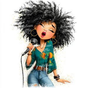 May include: Illustration of a singing woman with large curly black hair, wearing a teal top with orange floral accents, blue jeans, and gold hoop earrings. She is holding a microphone and has the text "Artisan Attic" on the image.
