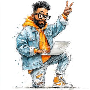 Peut inclure: Illustration à l'aquarelle d'une personne en veste en jean, sweat à capuche orange et jean déchiré, utilisant un ordinateur portable. La personne porte des lunettes et des baskets orange, faisant le signe de la paix. Le texte "Artisan Artistic" est visible.