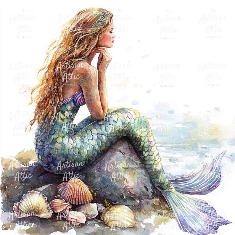 May include: Watercolor painting of a mermaid with long, flowing auburn hair, a purple and green top, and a scaled tail. She sits on a rock, with seashells scattered around her. The background suggests a beach scene.