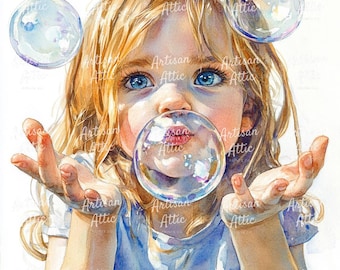 Girl Blowing Bubbles Watercolor Clipart, Joyful Digital Art (10 JPGs)