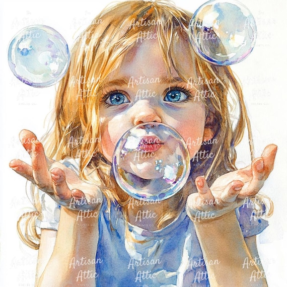 天使の子供の絵 シャボン玉 シャボン玉を吹く女の子の水彩画クリップアート、楽しいデジタルアート