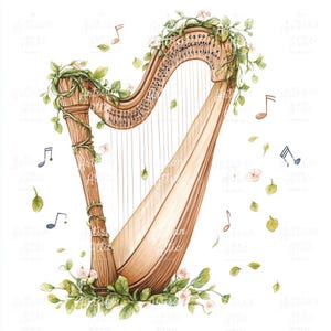 13 Floral Watercolor Harp with Vines and Music Notes Clipart for Digital Crafting, Scrapbooking, Nursery Decor, and Greeting Cards