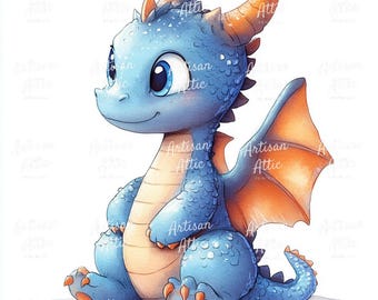 Baby Blue Dragon akvarell Clipart, Barnrumskonst (JPG-nedladdning, 13 bilder)