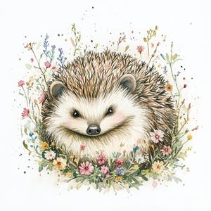 12 hérisson mignon avec des fleurs sauvages, art de hérisson, illustration animale, hérisson aquarelle, animal floral, art de la nature, hérisson avec des fleurs