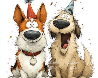 Puede incluir: Ilustración caprichosa de dos perros de dibujos animados celebrando. Uno lleva un gorro de fiesta rojo, el otro azul. Ambos tienen ojos grandes y bocas abiertas, con confeti. La imagen incluye el texto "Artisan Attic".