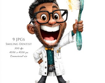 Smiling Dentist Cartoon Character Illustration (Digital Download, 9 Images)