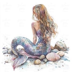 May include: Watercolor illustration of a mermaid sitting on a beach. The mermaid has long, flowing, light brown hair and a blue and purple scaled tail. Seashells and rocks are scattered around her.