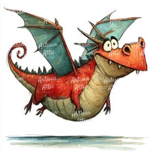 Könnte beinhalten: Eine skurrile Illustration eines roten Drachen im Flug, mit blau-grünen Flügeln und einem freundlichen Gesichtsausdruck. Der Drache hat einen langen Schwanz und ist vor weißem Hintergrund dargestellt. Der Text "Artisan Attic Prints Co." ist sichtbar.