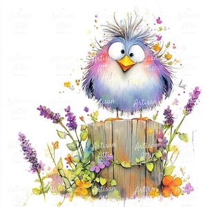 May include: A whimsical watercolor illustration of a cartoon bird with blue, purple, and pink feathers perched on a wooden post. The bird has large eyes and a yellow beak. Lavender and other flowers surround the post, creating a vibrant, colorful scene.