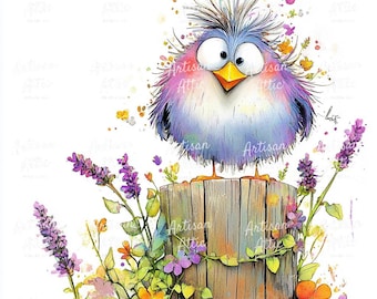 Può includere: Illustrazione ad acquerello di un uccello dei cartoni animati con piume blu, viola e rosa appollaiato su un palo di legno. L'uccello ha grandi occhi e un becco giallo. Lavanda e altri fiori circondano il palo, creando una scena colorata.