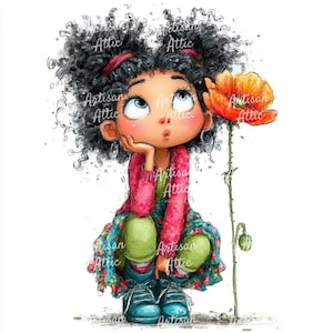 May include: A whimsical illustration of a young girl with curly black hair, wearing a pink cardigan, a floral skirt, and blue shoes. She gazes upward with a thoughtful expression, resting her chin on her hand. A vibrant orange poppy stands beside her.