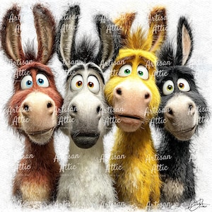 Puede incluir: Ilustración digital de cuatro burros de dibujos animados con diferentes colores: marrón, blanco, amarillo y negro. Cada burro tiene ojos grandes y una expresión de sorpresa. La imagen tiene un aspecto caprichoso y amigable, ideal para niños.