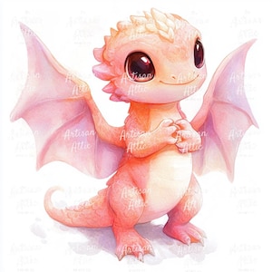 18 Adorable pink baby dragon in watercolor with sweet expression and soft wings, whimsical digital clipart png download for scrapbook images