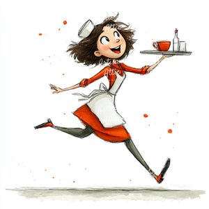 May include: Watercolor illustration of a smiling waitress in a red and white uniform, running while holding a tray with a cup, bottle, and glasses. The waitress has brown hair and a white cap. The image has a vintage diner theme.