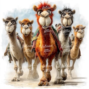 10 Quirky Camel Clipart – Watercolor Picture of Camels Walking in Line with Colorful Blankets – PNG Image for Scrapbook or Travel Design