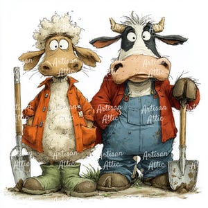 May include: A whimsical illustration of a sheep and a cow, both wearing clothes and holding shovels. The sheep is in an orange coat and green boots, while the cow wears blue overalls and a red jacket. The image has the text "Artisan Attic Prints Co."