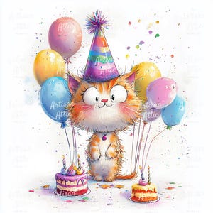 May include: A watercolor illustration of a cartoon cat wearing a party hat, surrounded by colorful balloons and birthday cakes. The cat is orange and white with large eyes and a happy expression. The image has a festive, celebratory theme.