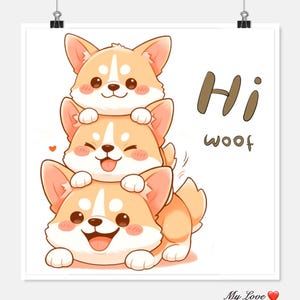 Schattige Corgi Stack digitale kunst | Kawaii hondenafbeelding met &#39;Hi Woof&#39; | Afdrukbare puppyillustratie voor shirt, mok, cadeau