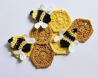 Apliques de abejas de ganchillo Parches de abejas pequeñas para coser Peines de miel parches de ganchillo adorno de abejas amarillas coser en bolsas de mantas de ropa