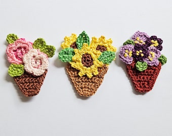 Crochet flower applique House plants in pot patches for clothes indoor plants decorations for card making Flower pots decor - set of 3