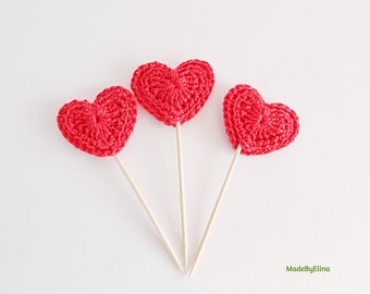 Valentines day cupcake toppers - red hearts cupcake topper - wedding cake toppers - crochet hearts cake tooper - Valentines heart - set of 3