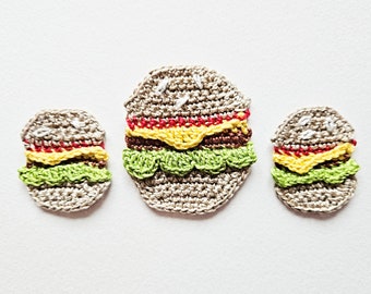 Hamburger applique patches for food lovers crochet burger cheeseburger decorations for clothes food applique kids party decor - set of 3