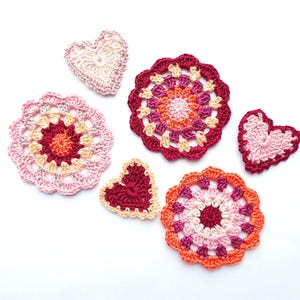 Red mandala circles with hearts applique crochet mandala decorations home decor set of mandalas for DIY project set of 6 image 1