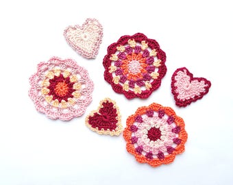 Red mandala circles with hearts applique - crochet mandala decorations - home decor - set of mandalas for DIY project - set of 6