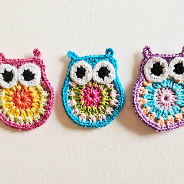 Crochet owl applique Owl patches for kids clothing Colorful applique for DIY projects Woodland Owl applique for baby blanket