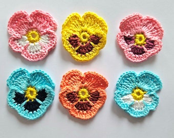 Crochet pansy appliques Crochet flowers  patches for Kids clothes embellishment Colorful flowers decoration sew on  - set of 6