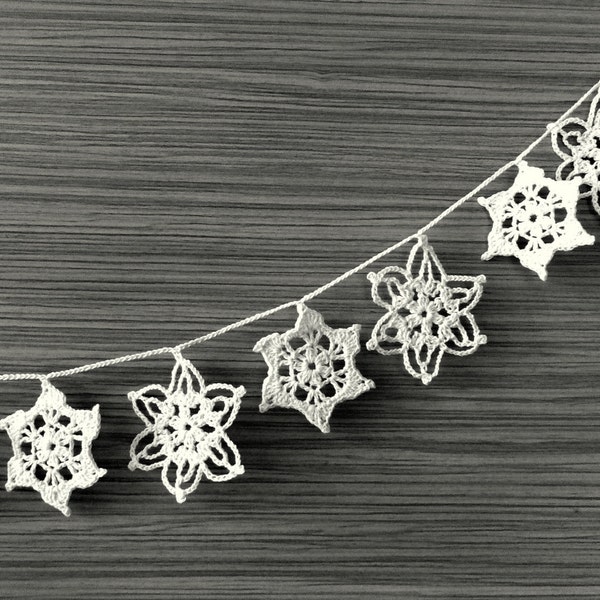 Handmade holiday ornaments, Snowflakes garland, Crocheted Christmas decoration, white
